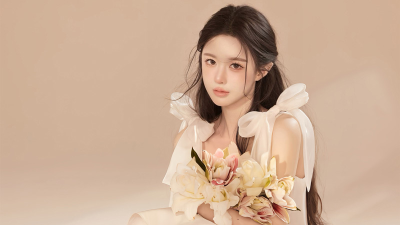 抱着鲜花的美女壁纸