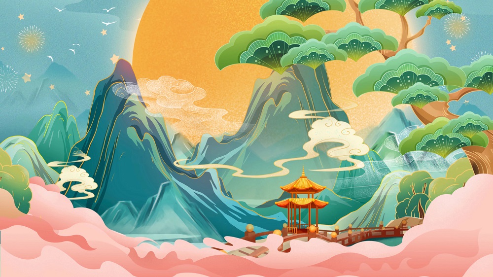 国潮风山水风景插画