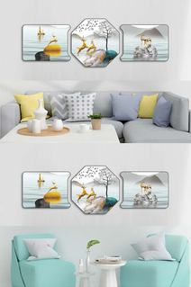 金色麋鹿转运石装饰画三联画