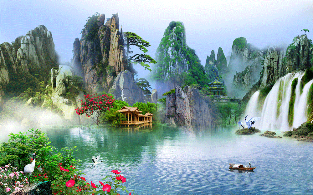 山水画小船高山瀑布背景墙