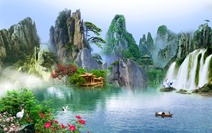 山水画小船高山瀑布背景墙