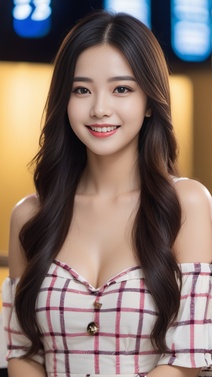 长相俏丽的清新露肩吊带格子连衣裙高清美女