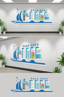 蓝色企业文化风雨同舟帆船文化墙