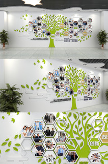 绿色树型创意企业文化墙心愿墙员工风采照片墙