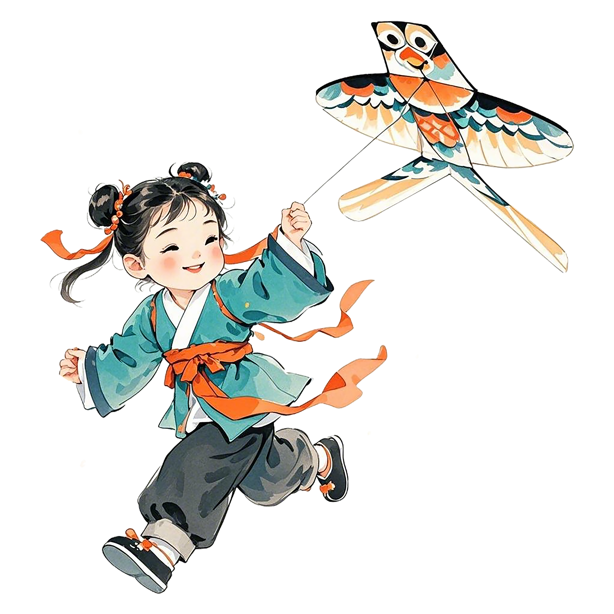 水彩小朋友放风筝清明节插画免抠元素