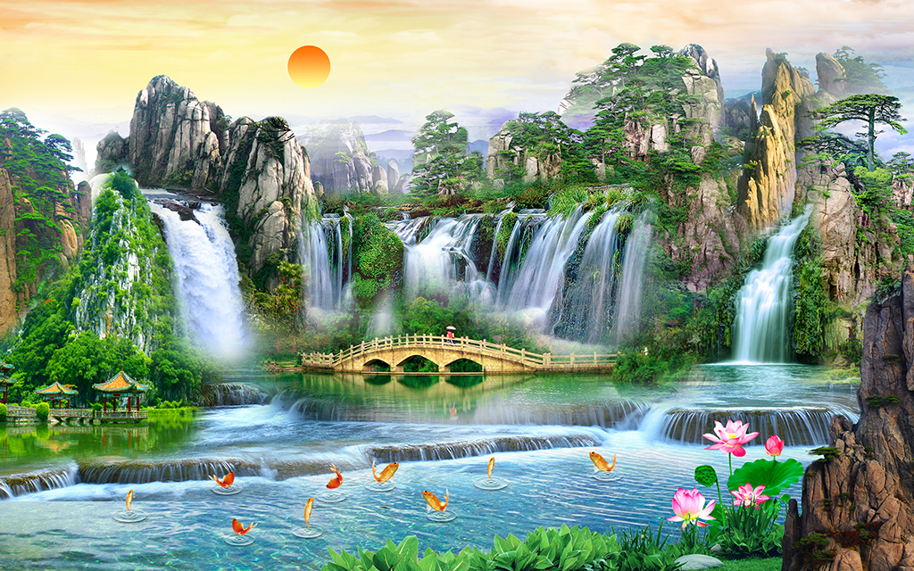 山水画高山流水瀑布荷花背景墙素材