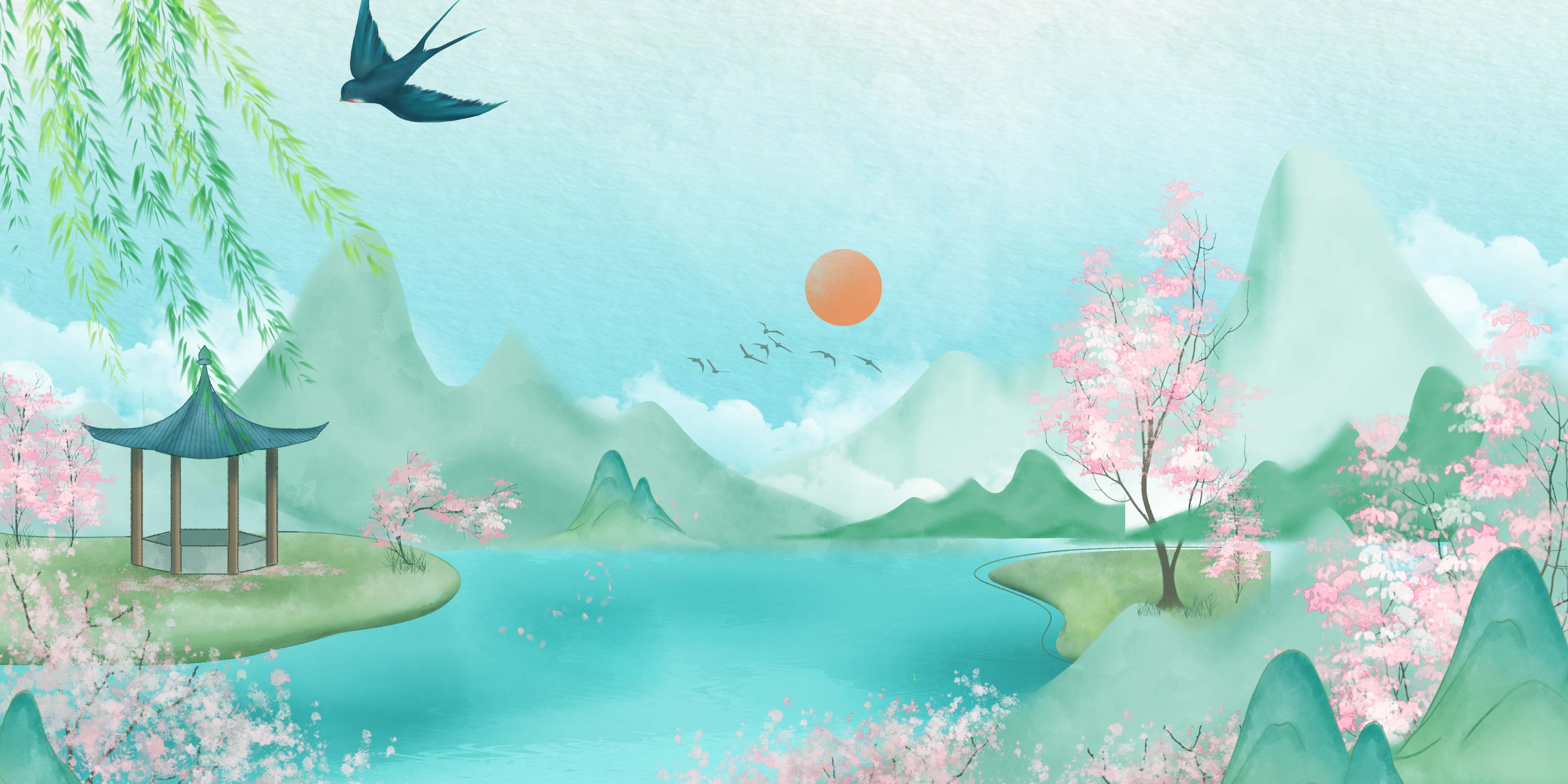 春日古风水墨创意春天风景手绘背景