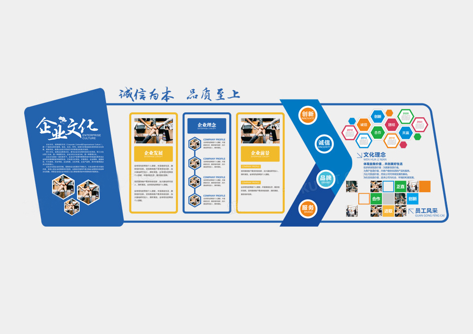 蓝色企业文化企业简介诚信为本品质至上文化墙