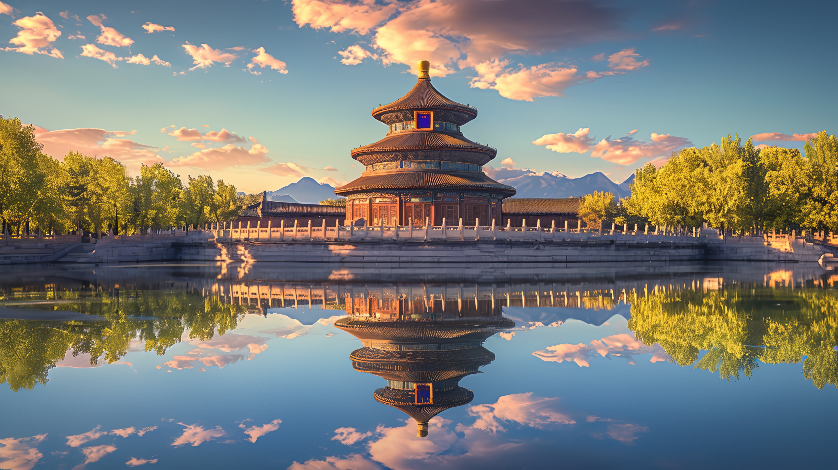 天空晚霞下的北京建筑天坛图片