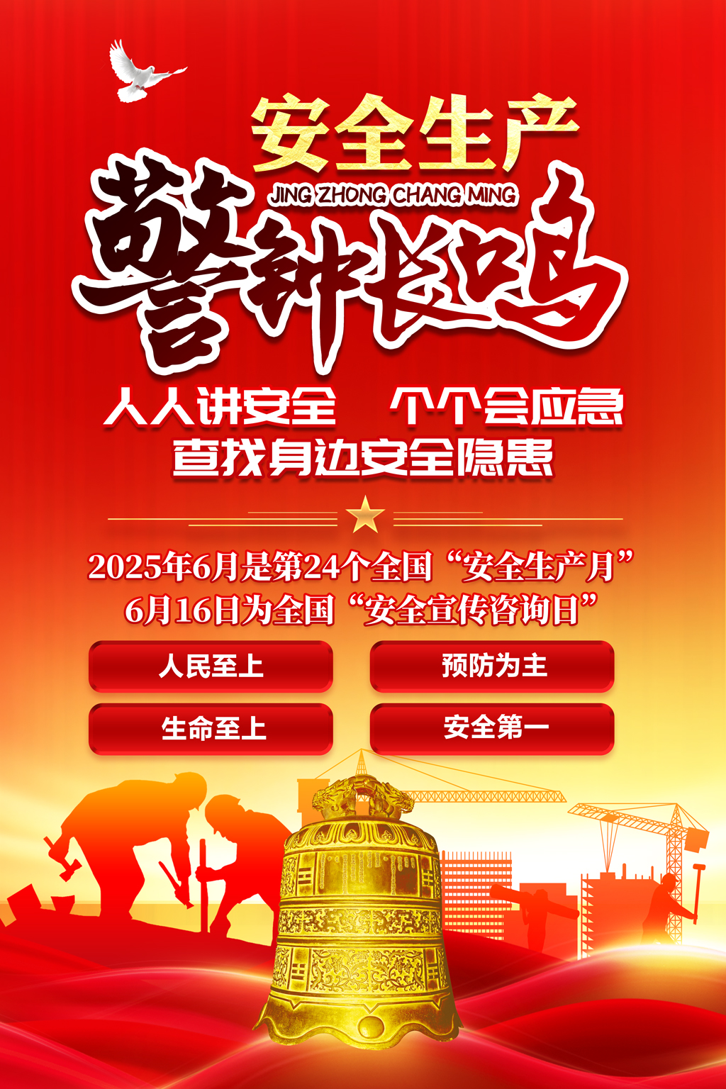 安全生产警钟长鸣2025安全生产月海报
