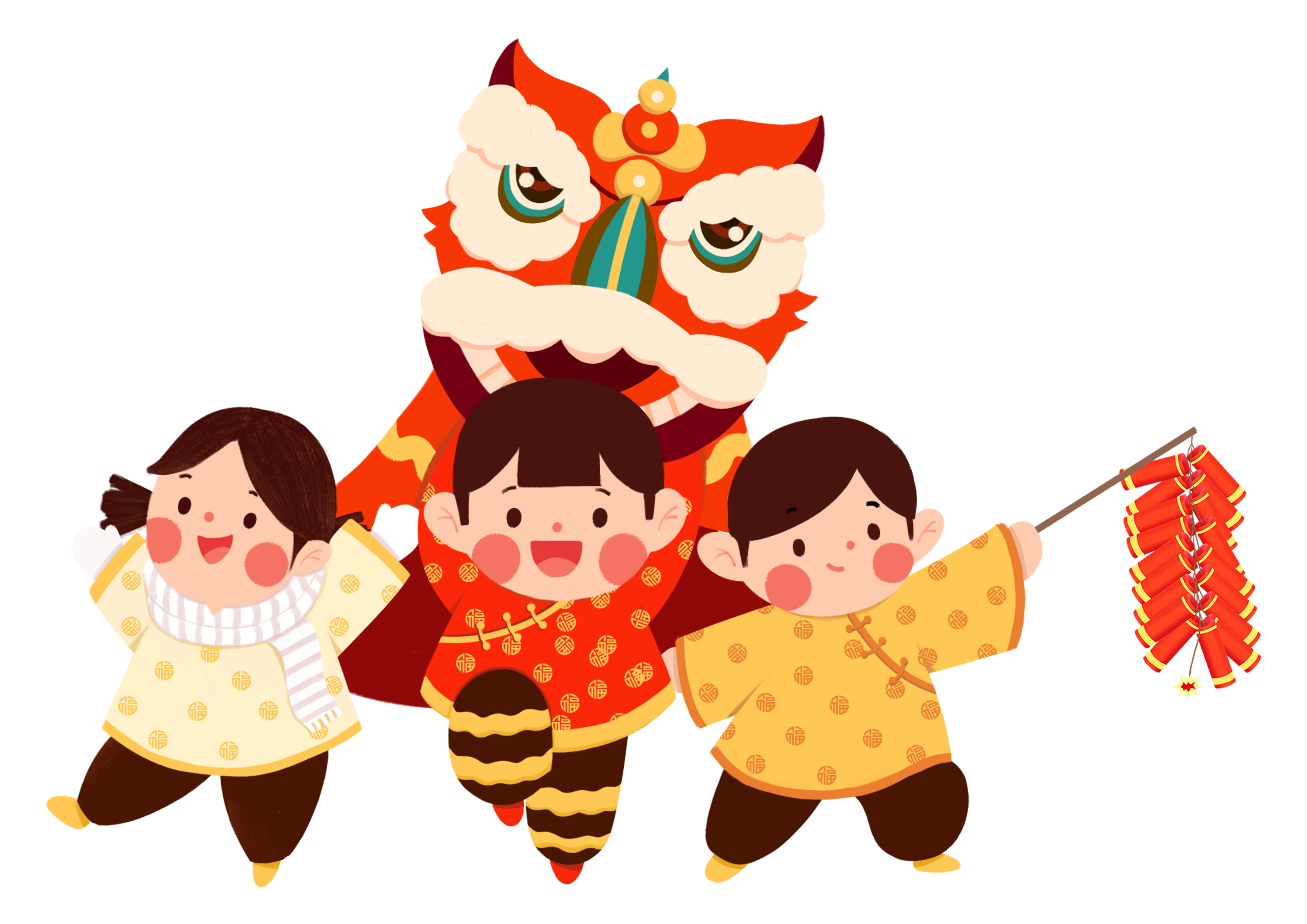 卡通手绘新年舞狮子免扣元素