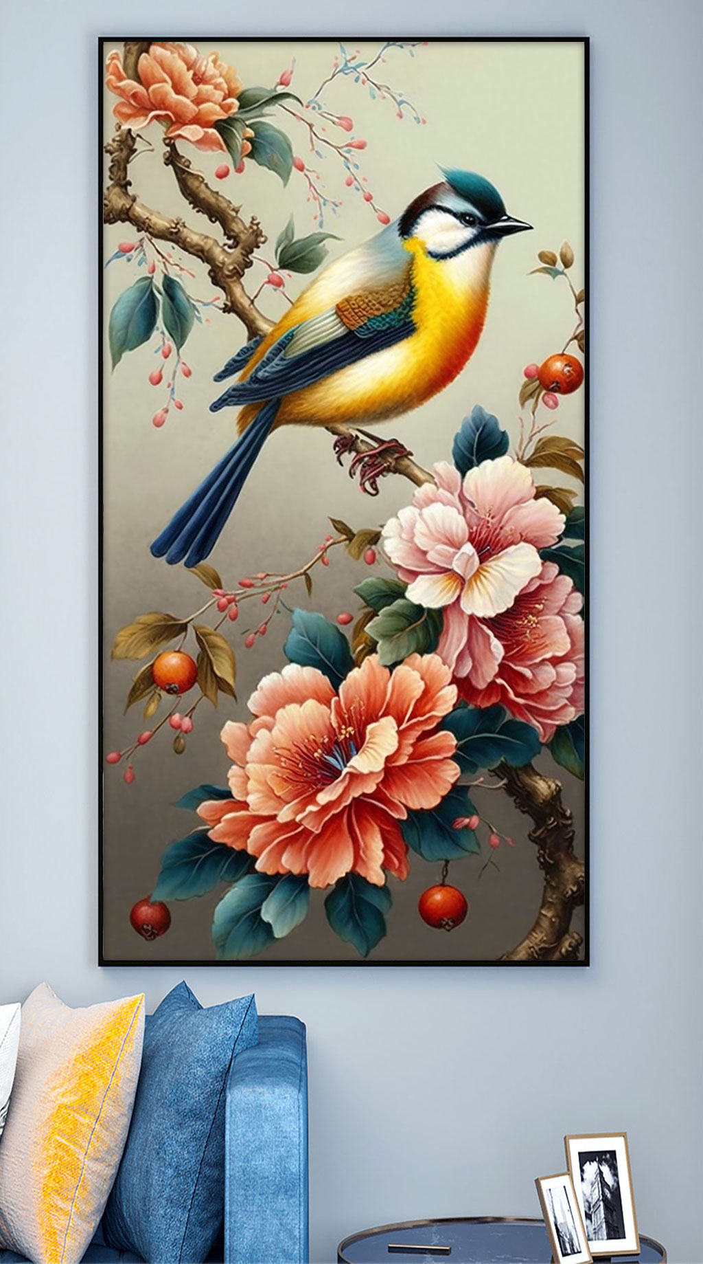 翠鸟红牡丹花工笔中式装饰画
