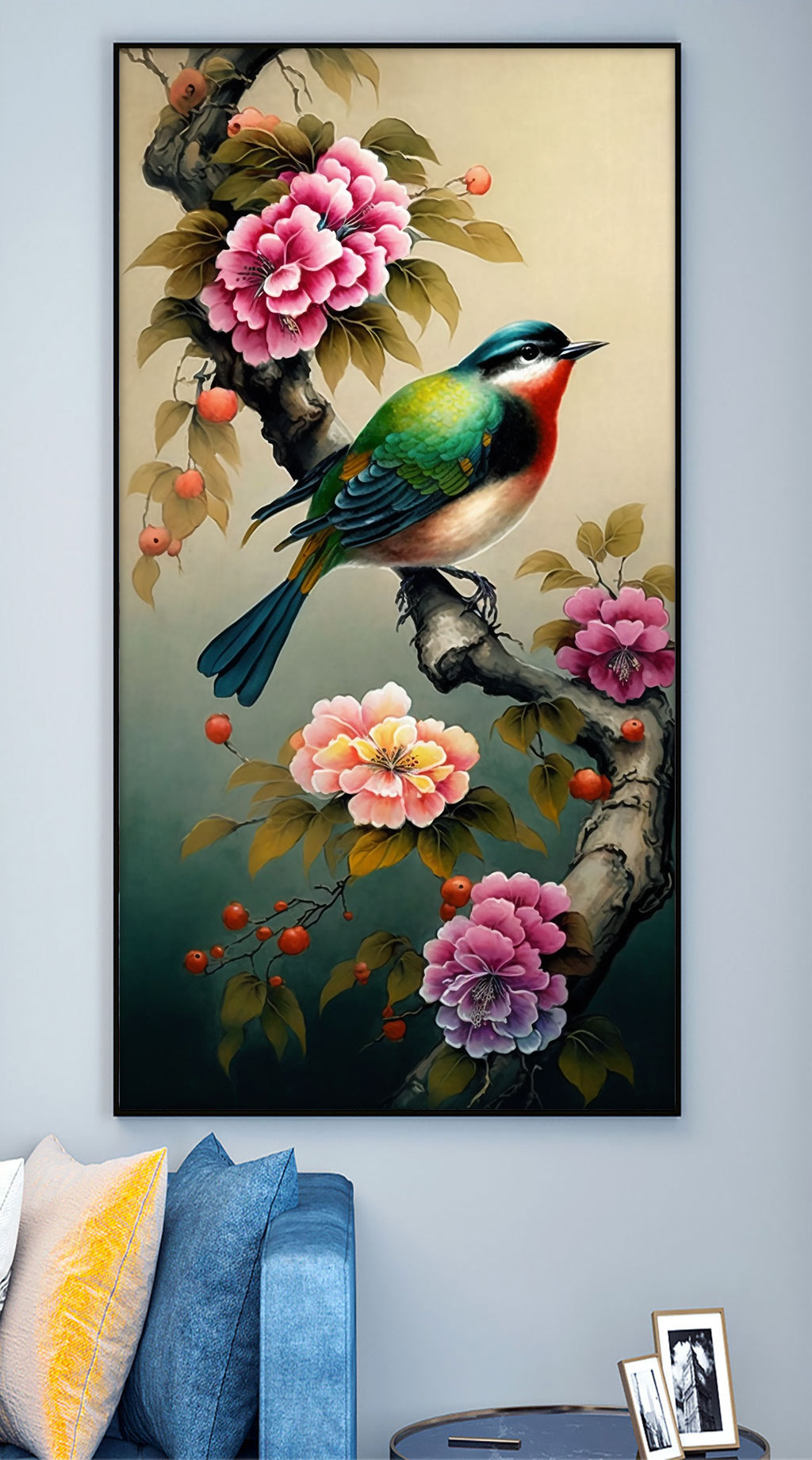 喜鹊红色牡丹工笔中式装饰画