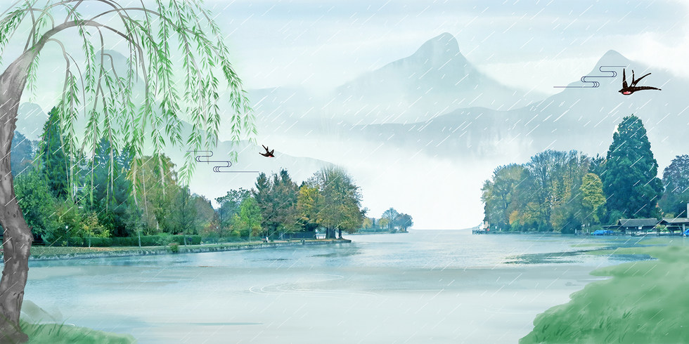 清明摄影图合成柳树风景民居背景