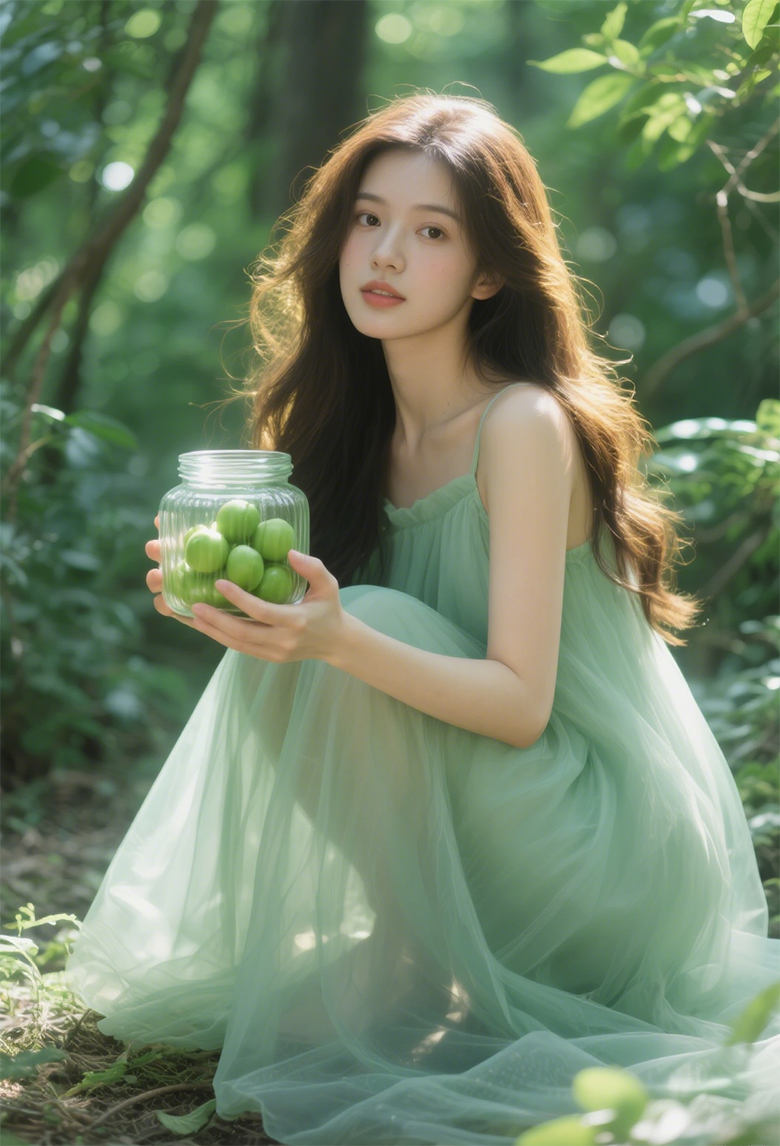 绿色树林蹲着手捧青果的美女图片