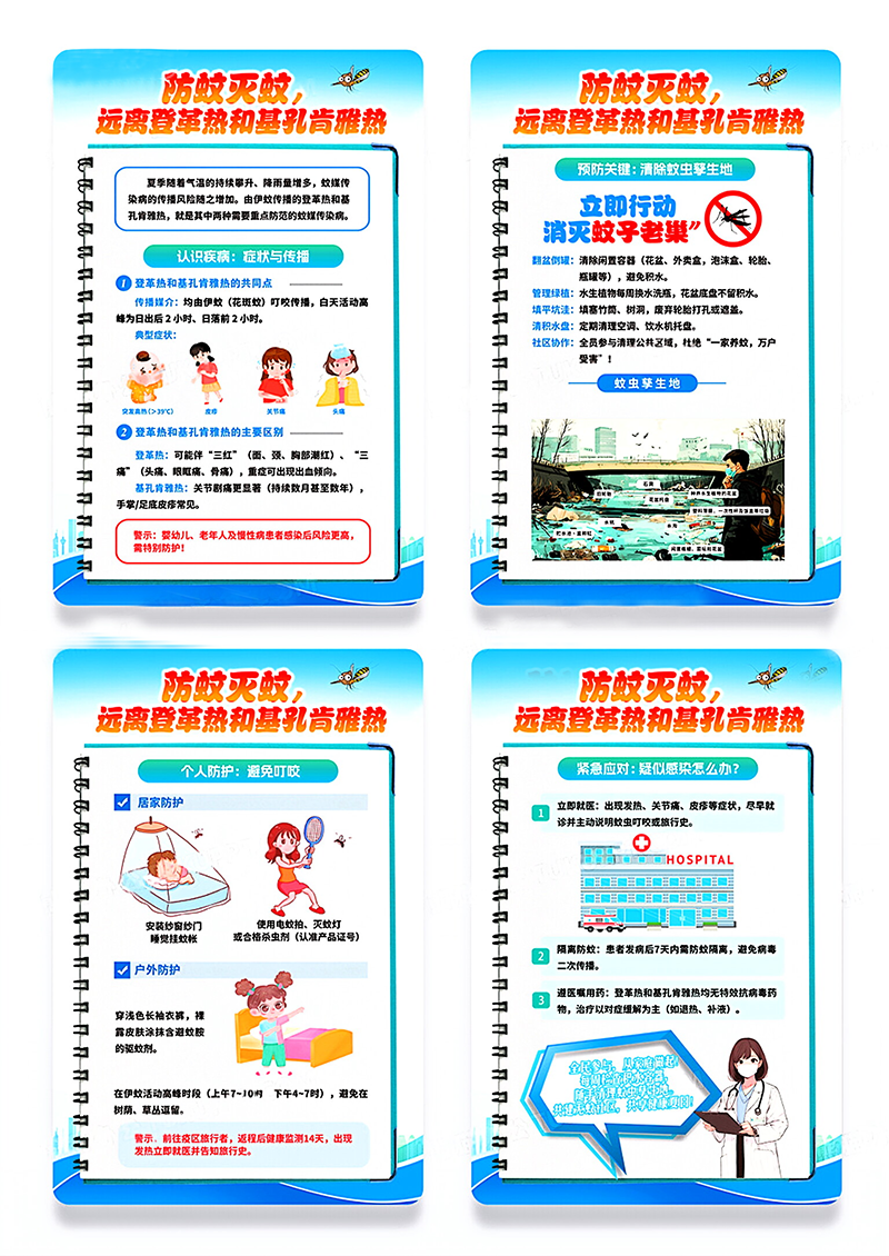 蓝色预防登革热基孔肯雅热防蚊灭蚊系列海报组合