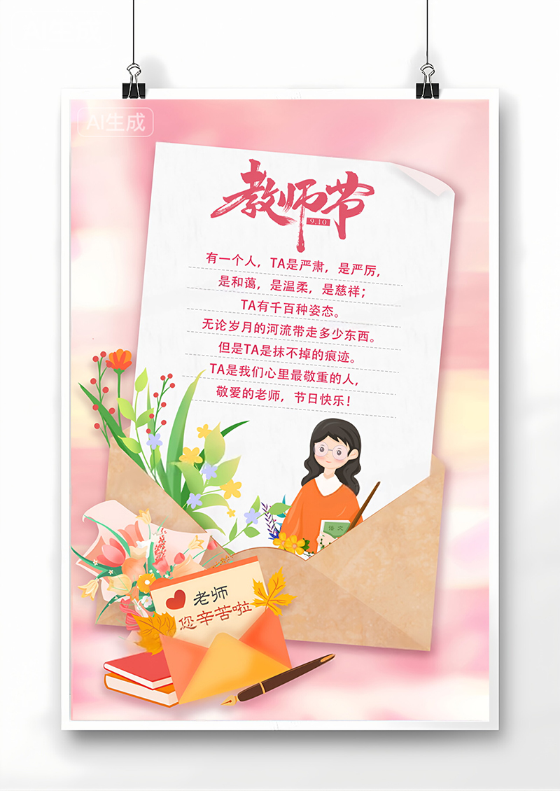 粉色信封教师节宣传贺卡海报
