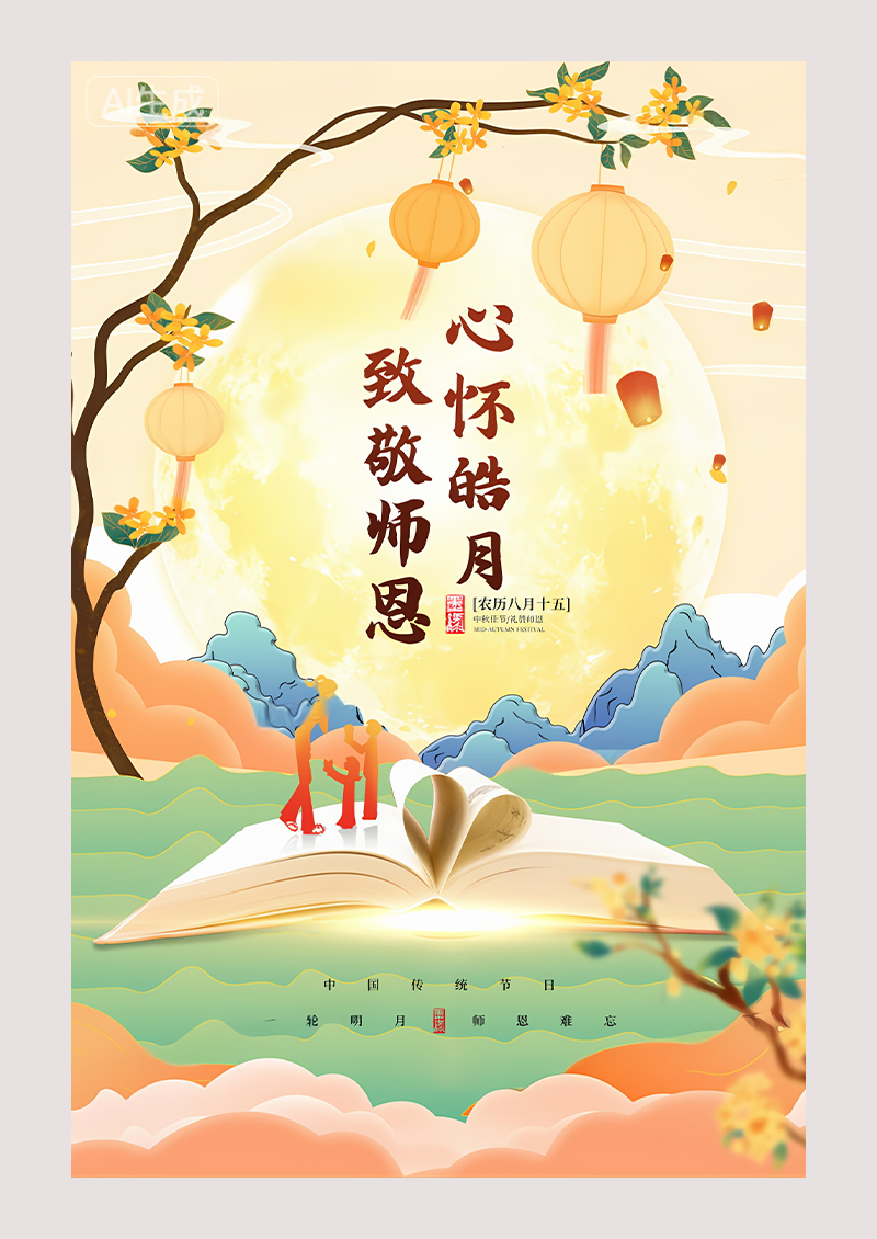 心怀皓月致敬师恩中秋节遇上教师节宣传海报