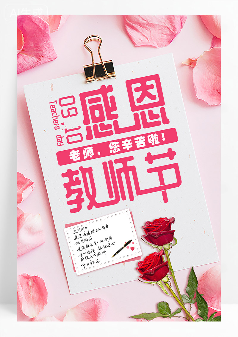 粉色玫瑰花感恩教师节宣传贺卡海报