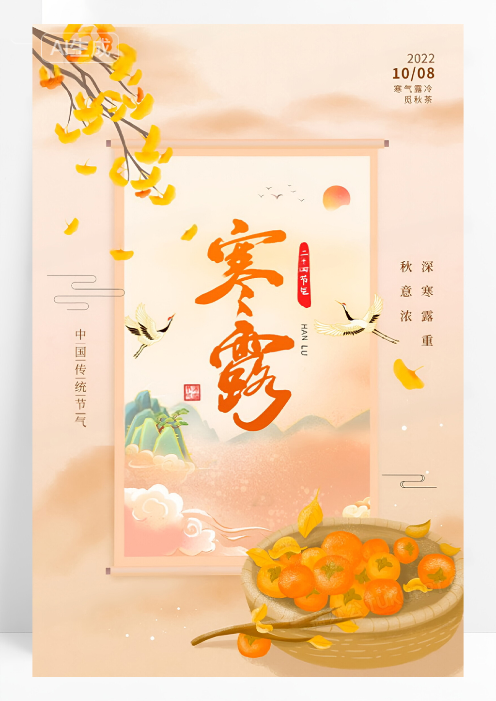 寒露露水柿子中国风国潮二十四节气海报