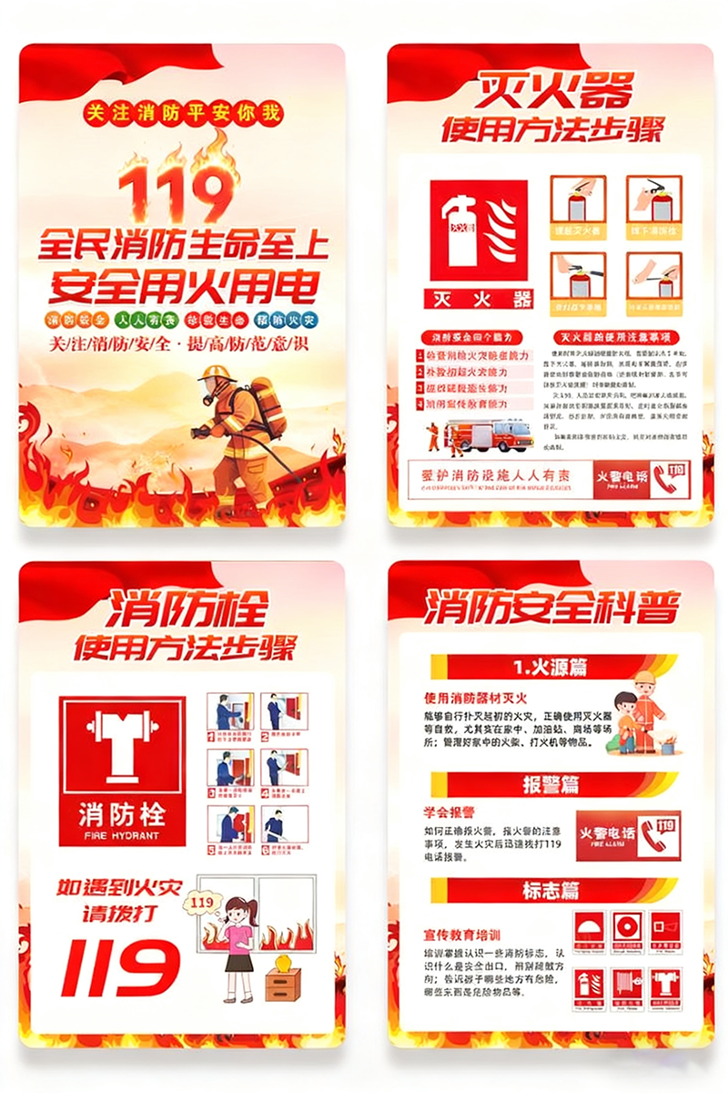 红色卡通2025消防安全宣传月安全用火用电海报组合