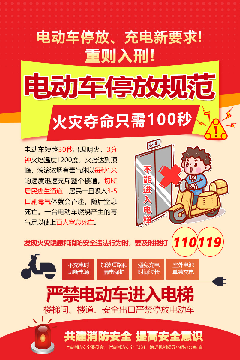 大气红色卡通创意电动车消防安全海报文明安全宣传手机海报
