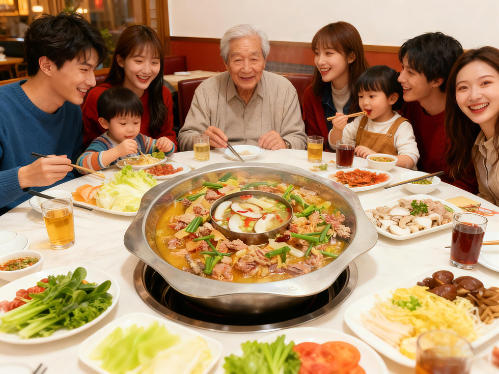 幸福的一家人吃火锅