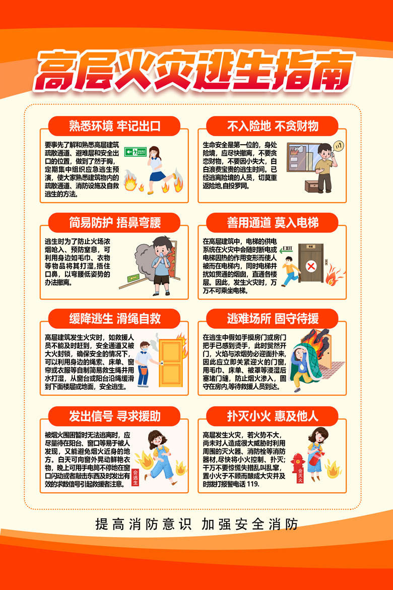 红色金色卡通创意消防安全高层火灾逃生指南手机文案海报消防安全