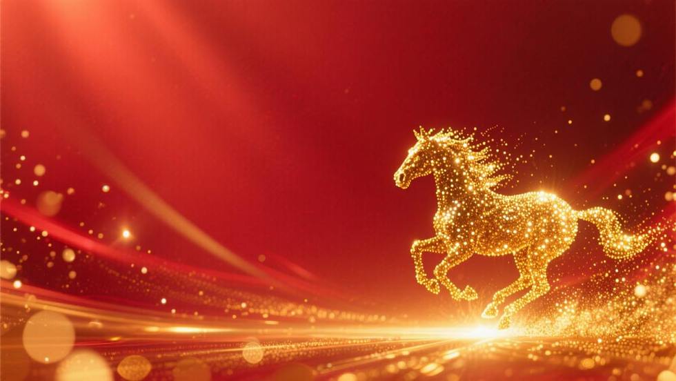 画面右下角是金色粒子组成奔跑的马