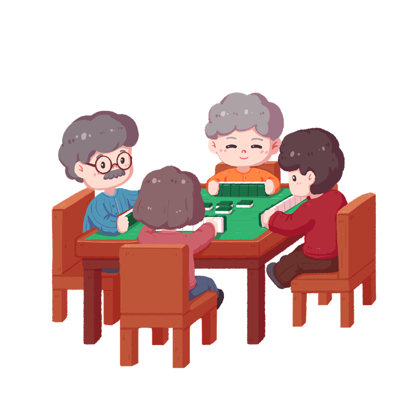 卡通手绘亲朋好友一起打麻将素材