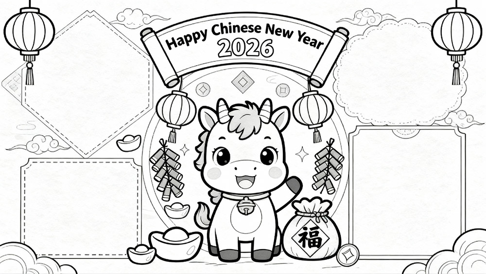 生成一张2026年马年春节英文主题的黑白线稿手抄报