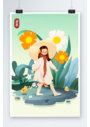 扁平风24节气女孩春季春游踏青立春节气人物插画