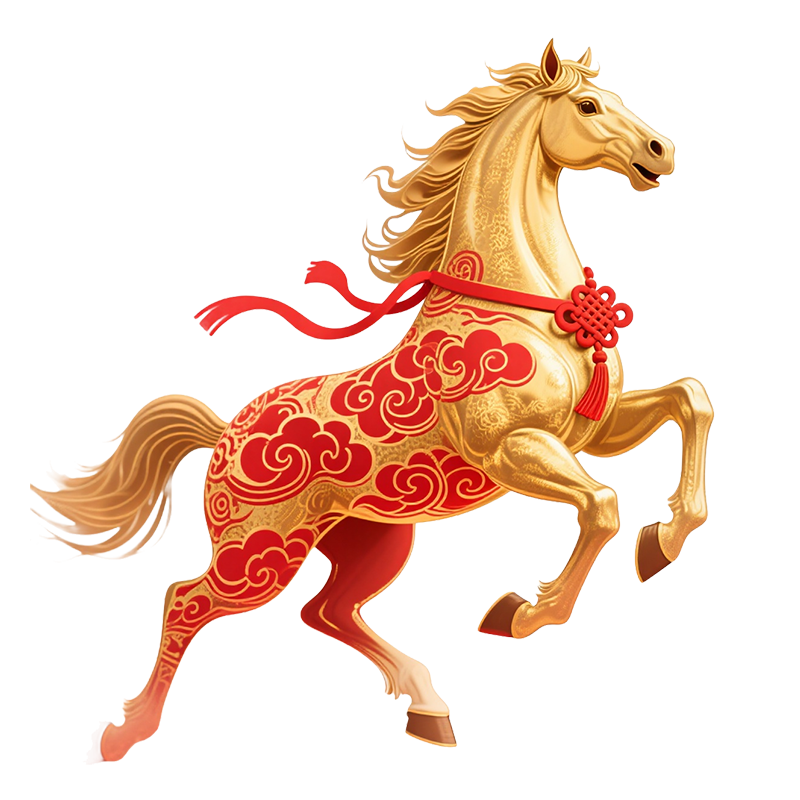 3D卡通一匹身上有着红色祥云图案的金色马免抠元素