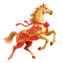 3D卡通一匹身上有着红色祥云图案的金色马免抠元素