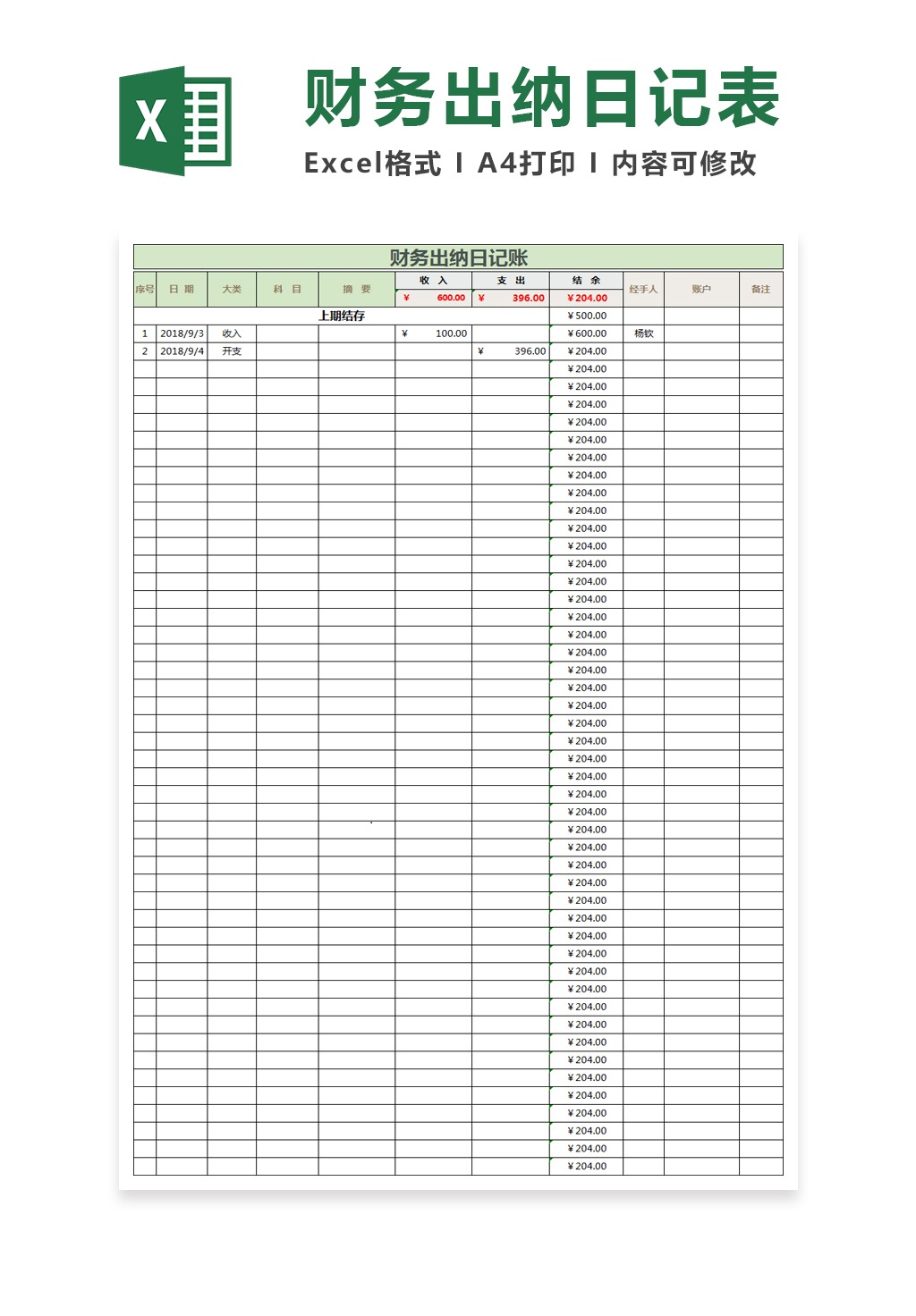 简约财务出纳日记账excel模板