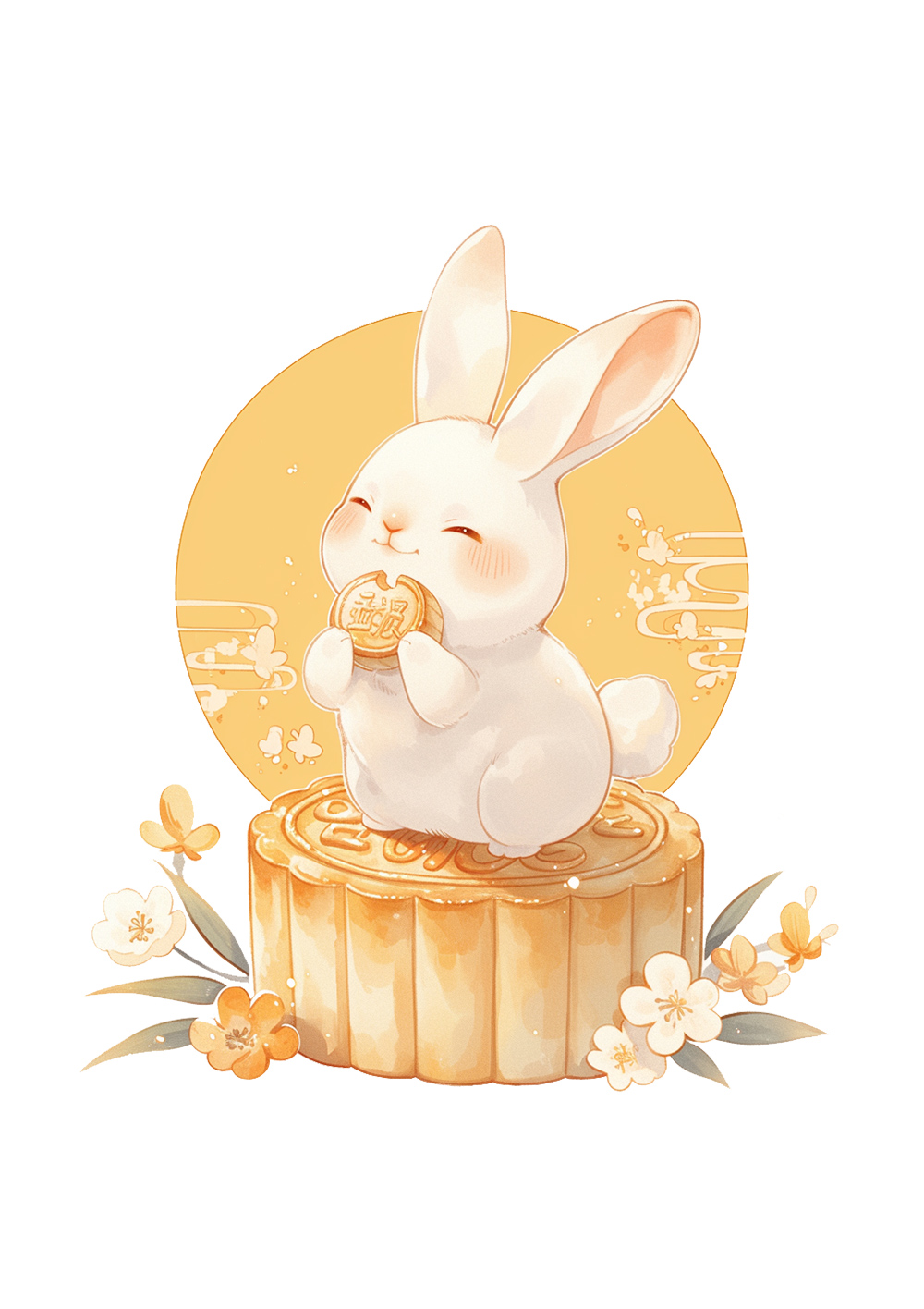 简笔插画中秋兔子坐在大月饼上吃月饼免抠元素