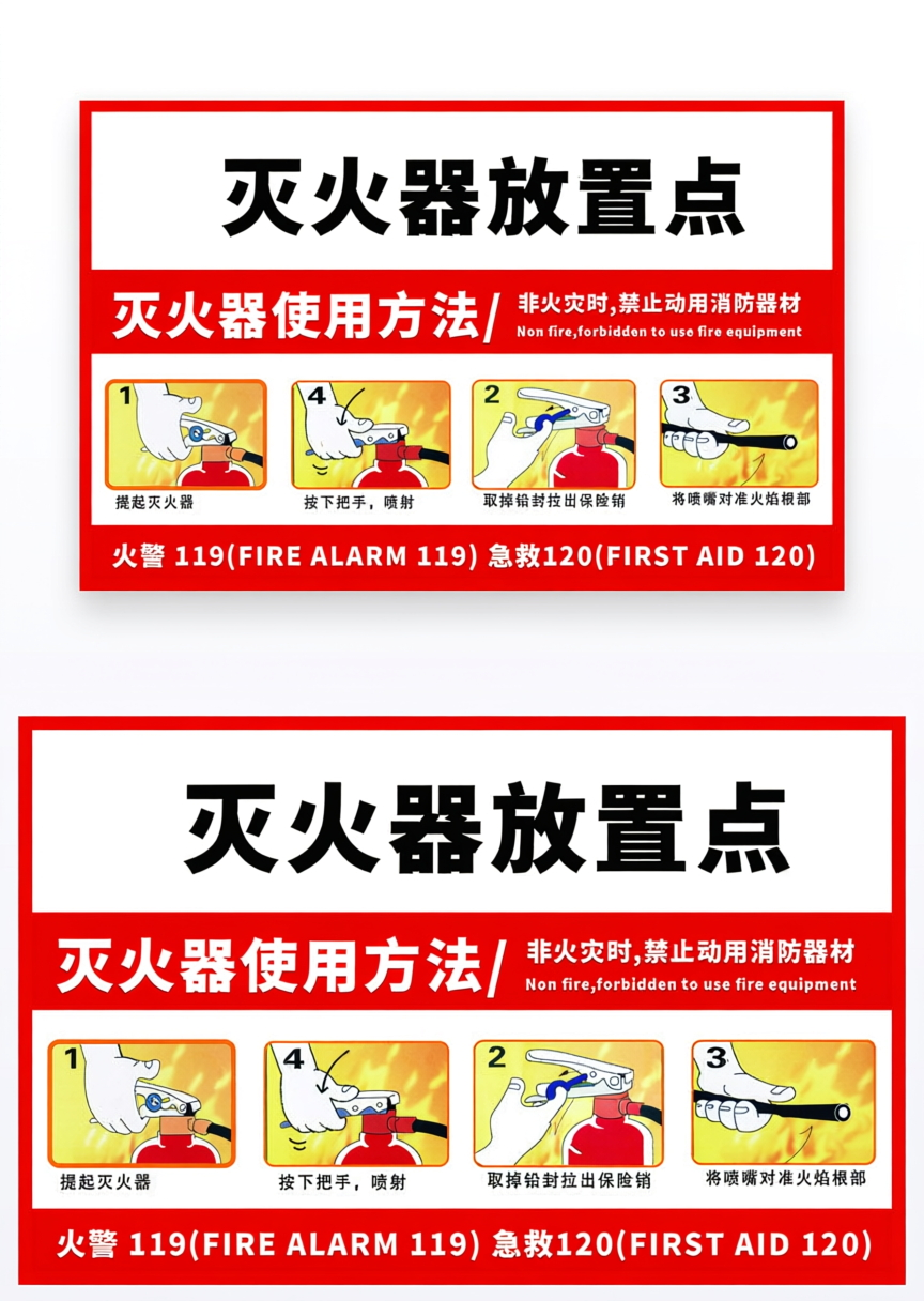 红色温馨提示灭火器放置点灭火器使用方法